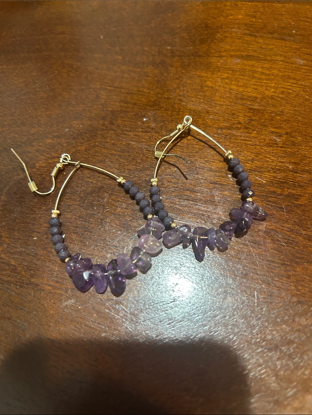 Gold Hoop Earrings with Purple Amethyst Beads - Women's Jewelry